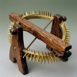 realistic photo of a a medieval wooden measurement scientific gadget made of dark old oak wood, covered with long brass spikes 1 9 9 0, life magazine reportage photo, natural colors