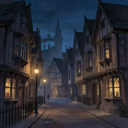 A medieval, magical London street at night, Tudor houses, digital painting by Alena Aenami, trending on artstation