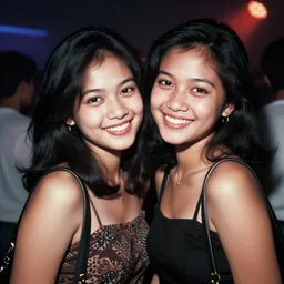a middle - shot, color travel photograph portrait of two indonesian girl in the club, smile, dramatic lighting, 1 9 9 0 photo from live magazine.