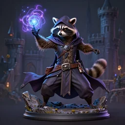3 d model, highly detailed digital illustration portrait of hooded sorcerer sly cooper raccoon casting a magical glowing spell in a castle, action pose, d & d, magic the gathering, by rhads, lois van baarle, jean - baptiste monge,