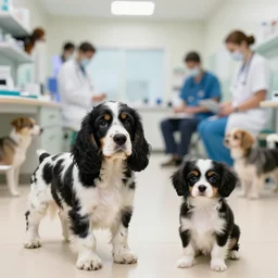 a vet clinic with many animals inside, black and white english cocker spaniel puppy, black and white chiweenie puppy, photograph
