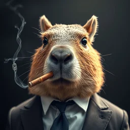 a closeup photo of a capybara wearing a suit smoking a cigar, high quality, ultra hd, cinematic, dramatic liighting