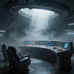 futuristic spaceship control panel, concept art, epic, fog, dramatic lighting