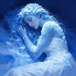 character concept portrait, blue sleeping blonde woman in a white gown, closed eyes, covered in snow, frost, and ice, style digital painting, vivid blue, concept art, smooth, sharp focus, blue light, illustration by ruan jia and mandy jurgens and william - adolphe bouguereau, artgerm