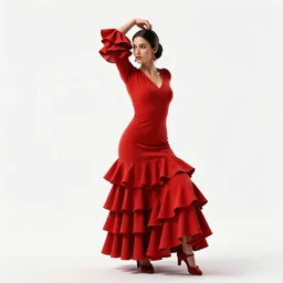 heroic flamenco dancer in red dress, detailed 3d character render, full body, standing, isolated on a pure white background, centered, whole figure in frame, sharp focus, studio lighting