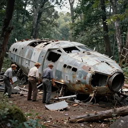 vintage photograph of advanced crashed vessel in the forest with people inspecting the rubble