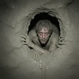 found footage of a man made of grayish clay emerging from a wall inside of a cave made of grayish clay, creepy, flash photography, unsettling, moist