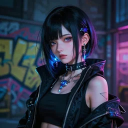 cyberpunk anime girl, cyberpunk accessory, 3 / 4 shot, street night, beautiful face, grafity, arcane, detail, good face, pose model, concept art, in style of yoji shinkawa, pan ren wei, col price, atey ghailan, by greg rutkowski, aesthetic, digital painting, 3 d