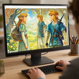 link from zelda using computer, sharp focus, illustration, art by artgerm and greg rutkowski and alphonse mucha, 8 k