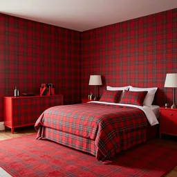 bedroom with red plaid patterned walls, red plaid patterned bed, red plaid patterned furniture, red plaid patterned carpet, and red plaid patterned objects, interior photo