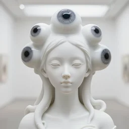 full head and shoulders, beautiful porcelain female person, mixed with three giant frog spawn eyes, smooth, delicate facial features, white detailed eyes, white lashes, 3 d white shiny thick, larg tentacles and eyeballs, background is an empty art gallery, by daniel arsham and james jean, featured in pictoplasma
