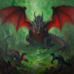 Fantasy landscape of the land of dragons, green, red, black, fantasy, oil painting, gesso painting, by Bob Ross, trending on youtube, trending on artstation, artstationHD, artstationHQ, octane, cgsociety