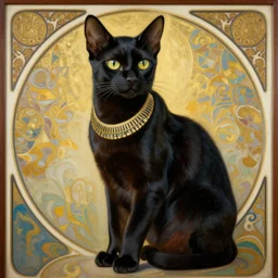 beautiful, gorgeous art nouveau painting of a black egyptian cat, impressive, wonderful, very detailed, trending on artstation, masterpiece