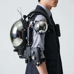 Close upper body shot. Artistically angled subject.  Professional studio portrait lighting. Technological fashion photography. Model wearing business casual attire. Mechanical wearables designed by Ikeuchi Hiroto. Hydraulics. Reflective domes. Bulky wearables. Receiver Antennae.