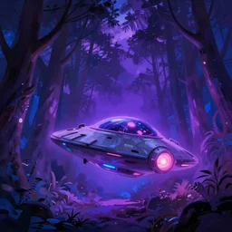 matte painting glowing spaceship in clearing in dreamy fantasy Forest at night. Forest is lit by purple and blue ombre glow. Ufo. Digital painting. Beeple. Noah Bradley. Cyril Roland trending on artstation.