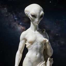 a marble statue of an alien in space, photorealistic