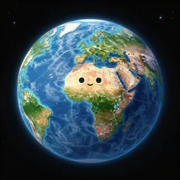 outer space view of living planet with cartoon faces, style by kurzgesagt and pixar and dreamworks and disney