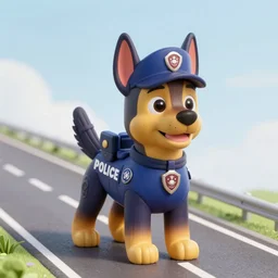 police dog german sheperd, 3 d model, cartoony, 4 k, artstation, ultra quality, blue uniform, badge on collar, pixar style, on a highway offramp