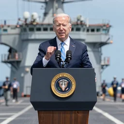Joe Biden on an aircraft carrier giving a speech, HD, 8K photo