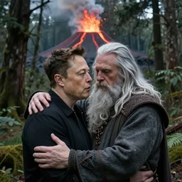 elon musk hugging gandalf on an erupting volcano in a dense forest, hyperrealistic, high detail, detailed faces, modern art,