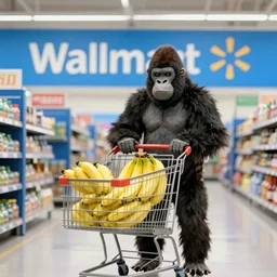 a man in a gorilla suit with a shopping cart filled with bananas at walmart
