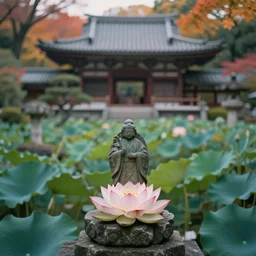 japanese garden, lotus, temple, statue, p, smoky autumn lightings, smoky atmosphere, japanese garden background, micro details, depth of field, annie leibovitz and moebius and man ray