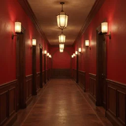 old hotel hallway interor, red walls, diffused lights from lanterns, concept art, octane render, unreal engine 5, highly detailed, high quality, 8 k, soft lighting, realistic face, path traced, digital art,