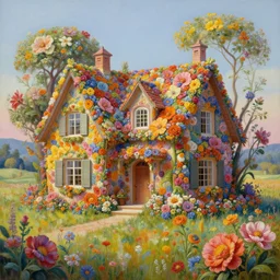a hiper intricate oil painting of a beatifull house made from big flowers in the serene field, intricate, highly detailed, digital painting, artstation, concept art, extremely detailed, sharp focus, wide view, smooth, digital illustration, colorfull, by william turner art, by greg rutowski, by carl larson, by edmund dulac, by hieronimus bosch