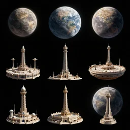 list of quality rendered 3 d objects of various ancient stations, cosmic weapons, colossal space constructions and engineered artificial moons on a black solid background