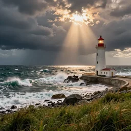 storm at sea, waves hitting the shore of the lighthouse and rocks, detailed, concept art, high detail, warm lighting, volumetric, godrays, vivid, beautiful, trending on artstation, by jordan grimmer, huge scene, grass, art greg rutkowski