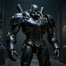 humanoid alien wearing glossy black armor shiny big cumbersome mecha mech armor, yellow eyes respirator dramatic harsh lighting, still from real steel (2011). Dark intimidating cyberpunk style of Roger Deakins Jeremy Saulnier Newton Thomas Sigel Robert Elswit Greig Fraser trending dark hallway rtx on ue4 35mm Kodak Vision 2383 gritty atmospheric