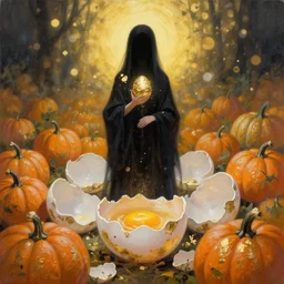 priestess of eggshells and pumpkins. gouache and gold leaf by award - winning mangaka, chiaroscuro, bokeh, backlighting, field of depth
