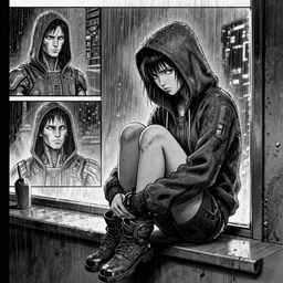sadie sink in hoodie, knees tucked in, sits on windowsill, | rain falls at night : b & w storyboard drawing, scifi cyberpunk. by gabriel hardman, joe alves, chris bonura. cinematic atmosphere, detailed and intricate, perfect anatomy