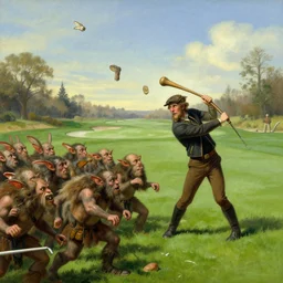 Bandobras Took charging the goblins' ranks with a wooden club, and knocking the goblin chieftain Golfimbul's head clean off, sending it sailing a hundred yards through the air and down a rabbit-hole, thus winning the battle and inventing the game of Golf at the same time.  Fantasy artwork by Alan Lee.