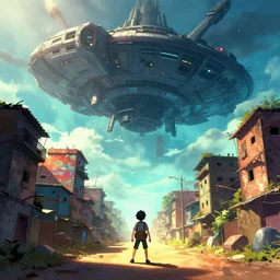 a film still from Tekkonkinkreet by Ian McQue , low level looking up, insane futuristic spaceship a mile high and wide under construction looms overhead and casts shadow over a dusty street of favela city, vibrant, 50mm lens, video game character and environment design, 2d game lineart behance hd, studio, dramatic lighting, cinematic, global illumination, trending on Artstation, bloom