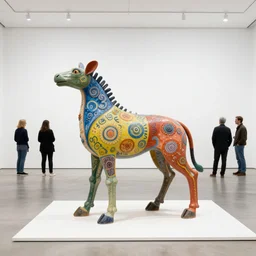 etablishing wide view shot of stunning colorful intriguing polished painted clay * poetic * sculpture of a myth creature animal by * beth cavener * in empty empty white space exposiion. elegant animal living form. with collaboration of ellen jewett, beth cavener, sayaka ganz, edouard martinet, john o'reilly and judith klausner. joyfull