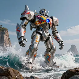 photograph with stylish lens effect, stylistic lighting, 1 9 8 0's sci - fi style, extremely epic, hyppereality, weta digital, octane render, a giant massive tall silver titan android battle mech with a wild salacious flamboyant paint standing in crashing dramatic ocean waves with sea foam and sea spray alongside a rocky cliff shoreline, cinema 4 d, volumetric lighting
