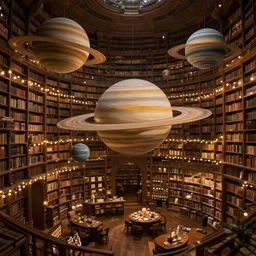 professional digital art of an infinite library filled with floating ringed planets, fancy library, cozy, fairy lights, fantasy, high quality, hd, 4 k, 8 k