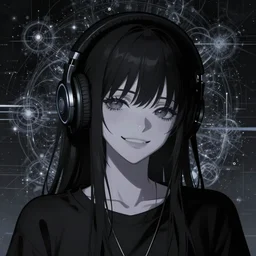 anime girl wearing headphones, 笑 顔, 狂 気, hardcore techno, electronic music, crossbreed, esoteric fractal glitchy background, dark and gothic, brutal, somber, stylized, in the style of manga, japanese, artstation, noisy, vhs glitch, expired film, amazing composition, monochrome, black and white, posterized, 4 k