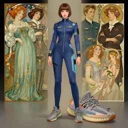 an illustration of a stewardess girl wearing yeezy 5 0 0 sneakers and a pilot jumpsuit dress techno - utopianism designed by balenciaga by john berkey by stanley artgerm lau, greg rutkowski, thomas kinkade, alphonse mucha, loish, norman rockwell