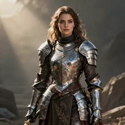 hyper realistic photo of postapocalyptic medieval paladin armored girl, full body, cinematic, artstation, cgsociety, greg rutkowski, james gurney, mignola, craig mullins, brom