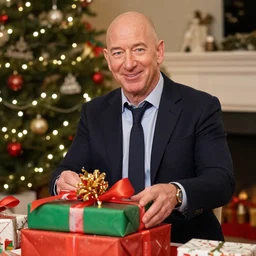 jeff bezos happily unwrapping his presents at a christmas party