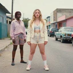 still from music video of sydney sweeney from die antwoord standing in a township street, street fashion clothing, haute couture, full figure portrait painting by martine johanna, njideka akunyili crosby, rossdraws, pastel color palette, 2 4 mm lens