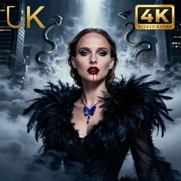 hyperrealistic portrait of natalie portman as a witch blood dripping lips, black swan feathers coat noir, sapphire butterfly jewellery, snakes emerging from mystic fog smoke, above the clouds skyscrapers. by jeremy mann, fantasy art, photo realistic, dynamic lighting, artstation, poster, volumetric lighting, 4 k, award winning