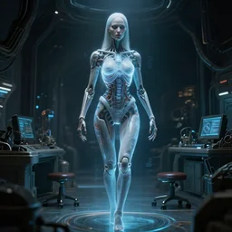 in the style of h. r. giger, boris vallejo : : biomechanical pale woman hologram : : dark futuristic lab