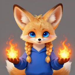 furry art of a small fennec fox character with long braided blond hair and holding fireballs in his hands and wearing a blue sweatshirt, digital painting, detailed, cute, big intelligent blue detailed eyes, high resolution, trending on furaffinity