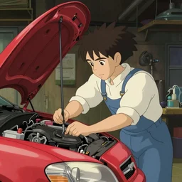 a wholesome animation key shot of a focused auto mechanic repairing  a metallic red car in a workshop garage, medium shot, waist up, studio Ghibli and Disney animation, sharp, Rendered in Unreal Engine 5, anime key art by Greg Rutkowski, Bloom, dramatic lighting