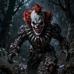 a terrifying killer clown with hundreds of razor sharp teeth looming in the dark at night, scary, terrifying, hyper realistic, dark, shadows, murder, coulrophobia