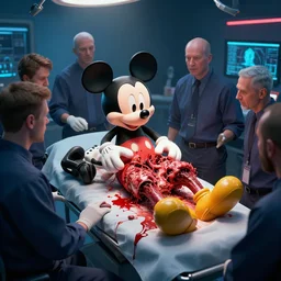 mickey mouse being dissected by a group of network executives, on an operating table, octane render, cgstation, 3 d render, very detailed, mindblowing, blood and guts, gritty, cyberpunk