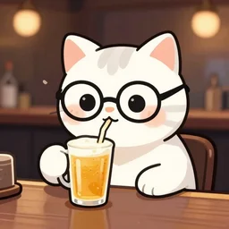“cute kitty with glasses sitting in a bar and drinking beer, digital art”